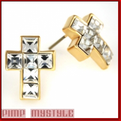 clear cube stones cross/golden rhodium earrings