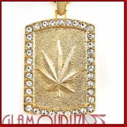 iced out golden pendant with stamped weed leaf