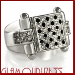 Black and Clear Stone Checkered Mens Silver Ring