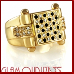 Black and Clear Stone Checkered Mens Gold Ring