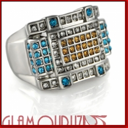 Blue, Yellow, and Clear Full Stone Mens Silver Ring