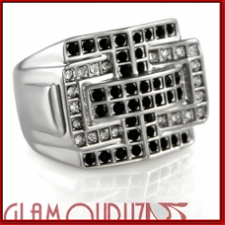Clear and Black Stone Mens Silver Ring