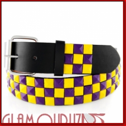Yellow & Purple Checkered Studs Black Leather Belt