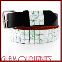 Black Leather White/Green Paint Studded Belt