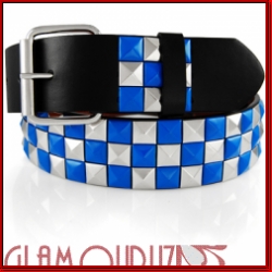 Black Leather Belt with Silver/Blue Checkered Studs 80s Belt