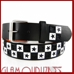 Black and White Checkered Stars Studs 80s Leather Belt