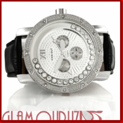 Iced Out Clear Loose Stones Silver 3 Chronograph Face Black Band