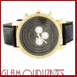 Gold Round Face w/Black Dial Clear Stones Black Leather Band Lux