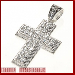 Two Rows Iced Silver CZ Cross Pendant