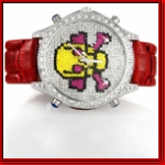 All Clear Yellow/Pink Skull Red Leather Mens Watch