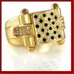 Black and Clear Stone Checkered Mens Gold Ring