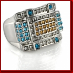 Blue, Yellow, and Clear Full Stone Mens Silver Ring