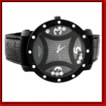 Black Round Face with Black Dial w/Clear Moving Stones Black Lea