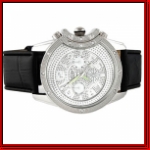 Silver Round Face w/Silver Dial Clear Stones Black Leather Band