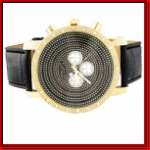 Gold Round Face w/Black Dial Clear Stones Black Leather Band Lux